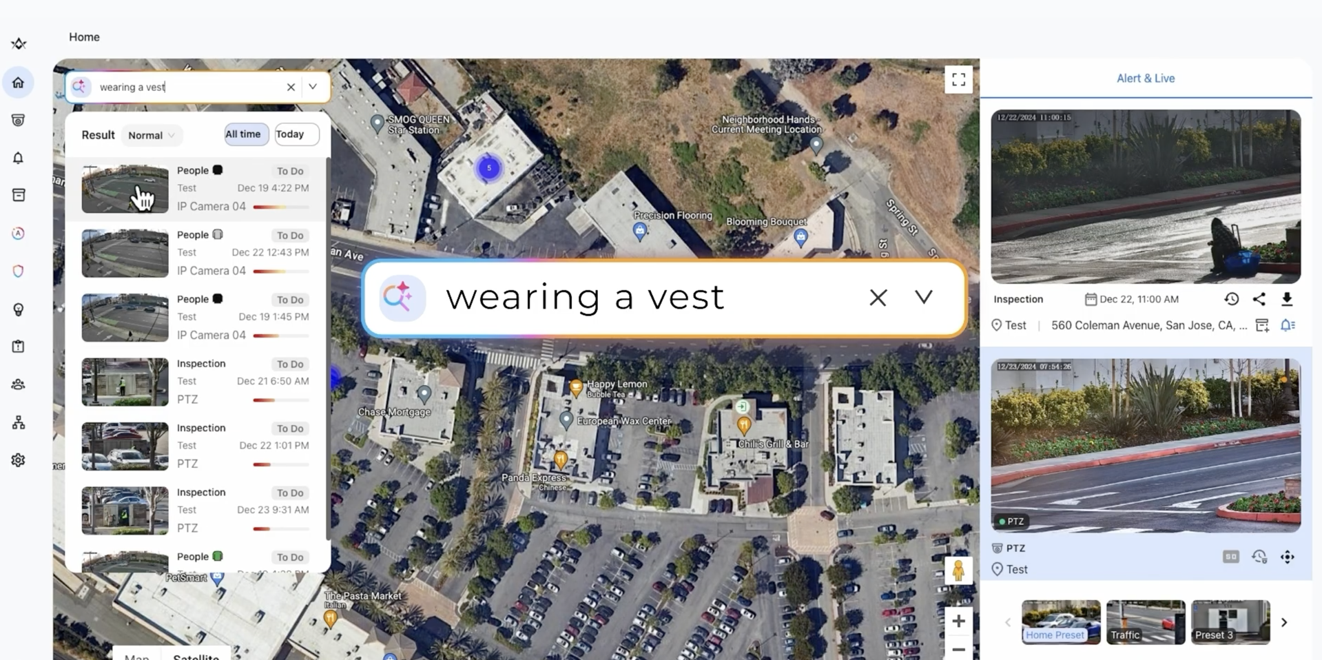 AI Video Search Filtering People Wearing a Vest AI video surveillance dashboard showing a map view and camera results filtered by people wearing a safety vest across a site.