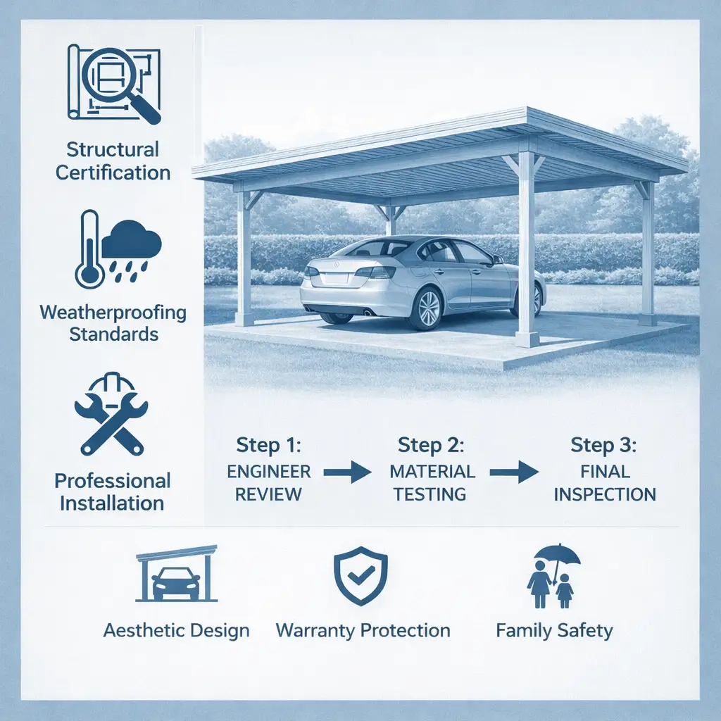 infographic showing certified carport advantages: professional engineer stamp and calculations, specific wind ratings of 80+ mph and snow loads of 20+ lbs per square foot, permit-ready stamped drawings and foundation specs, 12-gauge steel framing versus 14-gauge in non-certified, enhanced anchoring with double-helix mobile home anchors or larger concrete wedge anchors, 30 percent more screws in panel installation, additional knee braces and peak braces on every bow, 20-year rust-through warranty versus limited coverage - Engineer certified carports infographic 