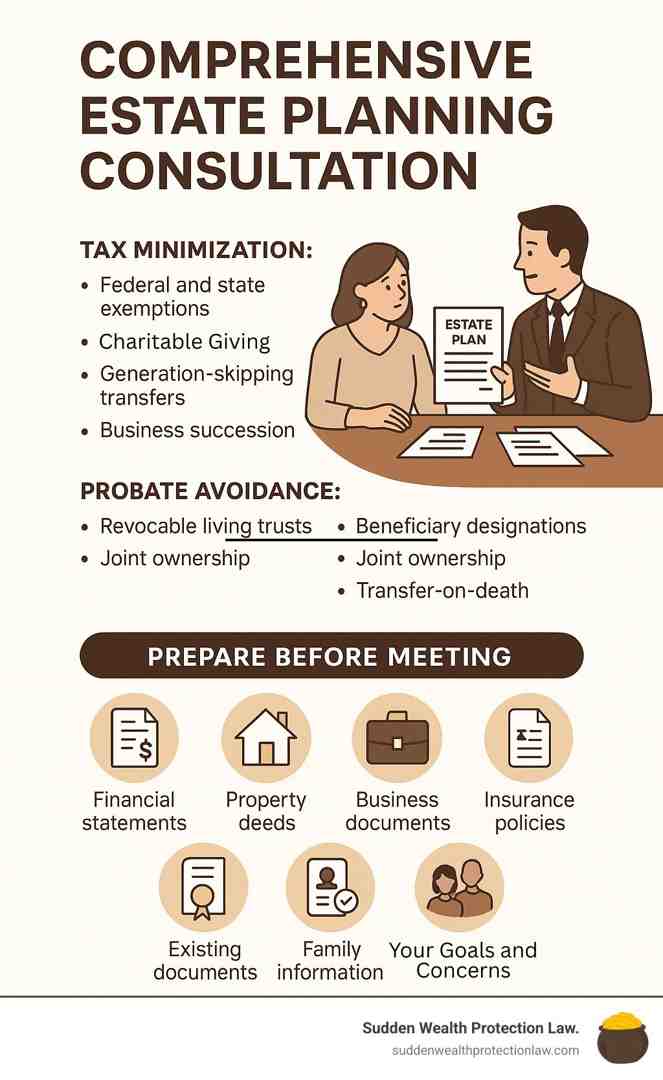 Comprehensive estate planning consultation showing documents and family discussion - Estate planning attorneys infographic 