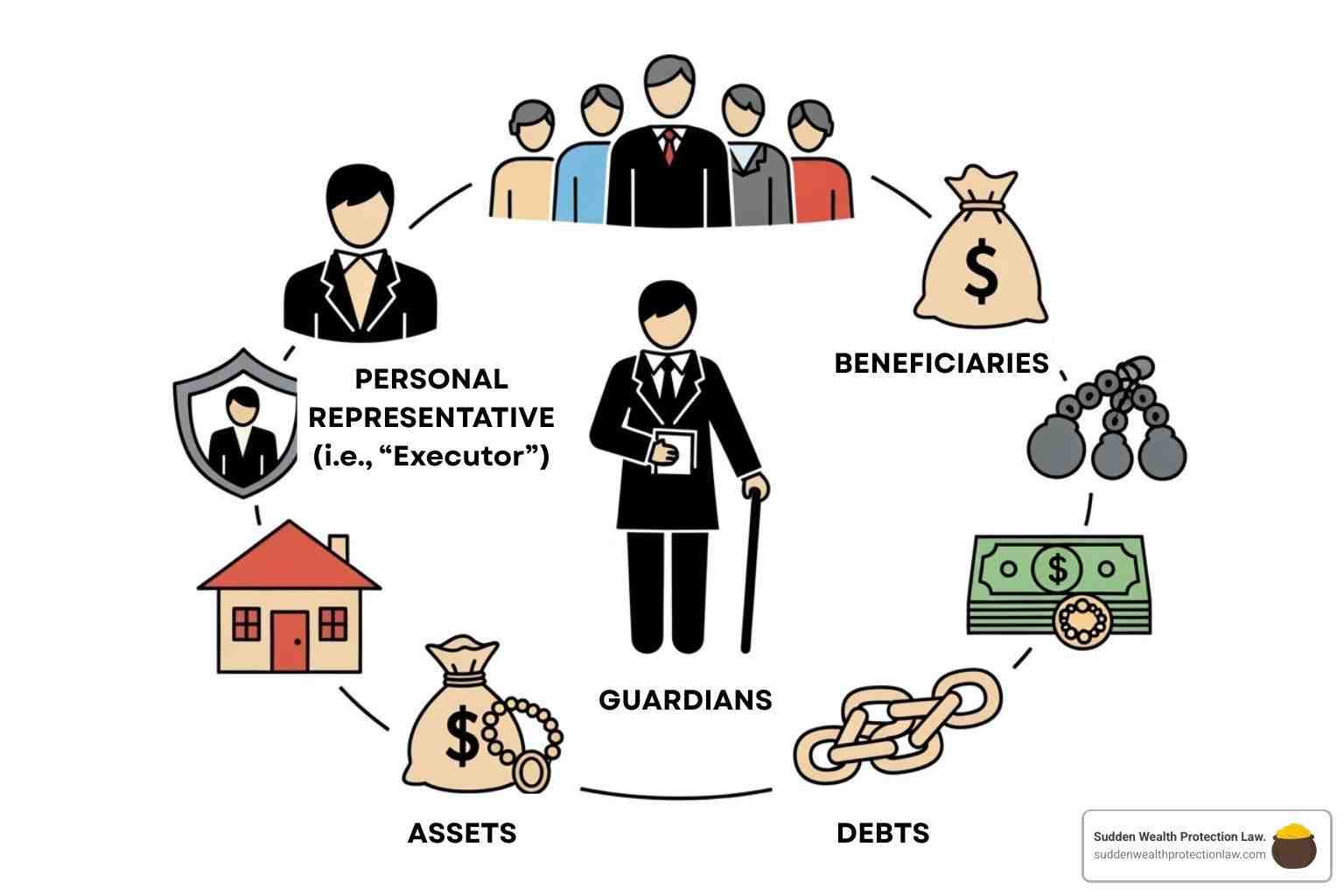 Diagram showing components of a will: executor, beneficiaries, guardians, assets, debts - Last will and testament Arizona