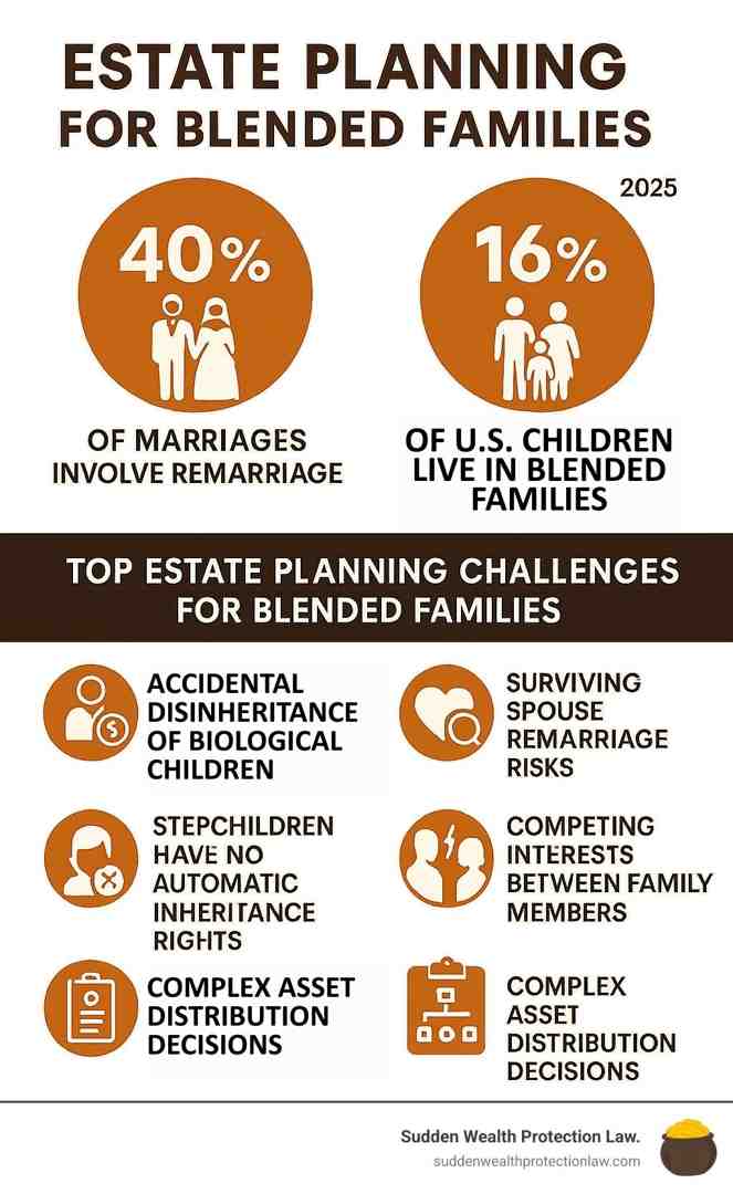 Infographic showing that 40% of marriages involve remarriage, 16% of US children live in blended families, and the top 5 estate planning challenges for blended families: accidental disinheritance of biological children, stepchildren having no automatic inheritance rights, surviving spouse remarriage risks, competing interests between family members, and complex asset distribution decisions - estate planning for blended families infographic 