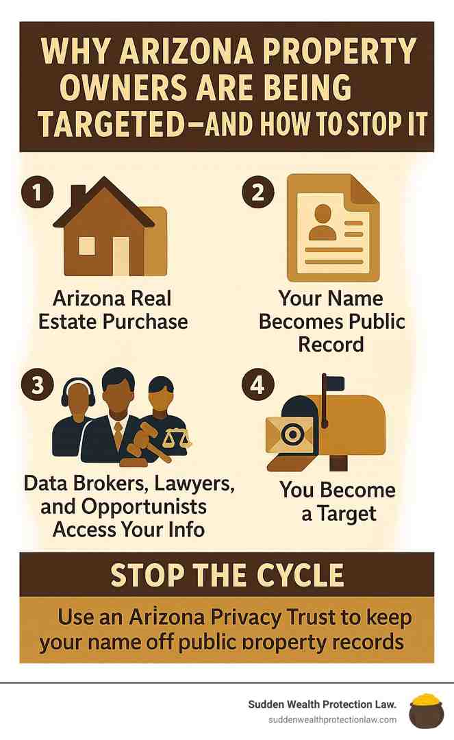 Infographic showing the flow of personal information from Arizona real estate transactions through public records to data brokers, lawyers, solicitors, and other third parties who use this information to target property owners - Arizona privacy trust infographic 