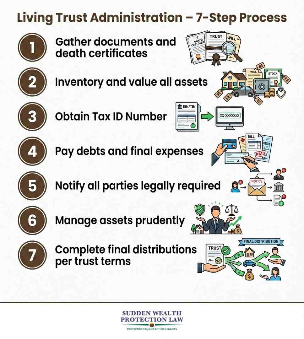 Detailed infographic showing the 7-step living trust administration process: 1) Gather documents and death certificates, 2) Inventory and value all assets, 3) Obtain Tax ID Number, 4) Pay debts and final expenses, 5) Notify all parties legally required, 6) Manage assets prudently, 7) Distribute according to trust terms and close - living trust administration infographic Detailed infographic showing the 7-step living trust administration process: 1) Gather documents and death certificates, 2) Inventory and value all assets, 3) Obtain Tax ID Number, 4) Pay debts and final expenses, 5) Notify all parties legally required, 6) Manage assets prudently, 7) Distribute according to trust terms and close - living trust administration infographic