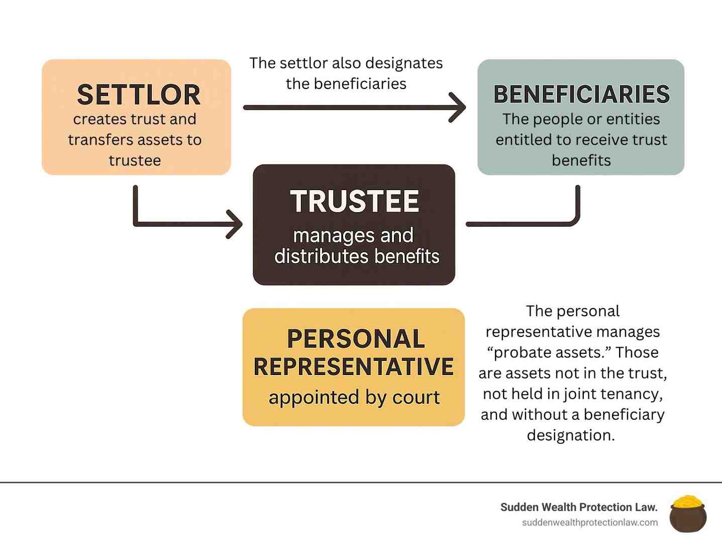 A diagram illustrating the relationships between a Settlor, a Trustee, the Trust Beneficiaries, and a Personal Representative. A diagram illustrating the relationships between a Settlor, a Trustee, the Trust Beneficiaries, and a Personal Representative.
