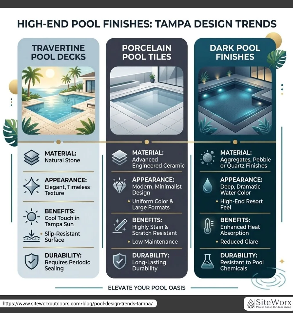 Infographic showcasing high-end pool finishes for Tampa design trends, including travertine pool decks, porcelain pool tiles, and dark pool finishes with material, appearance, benefits, and durability details.
