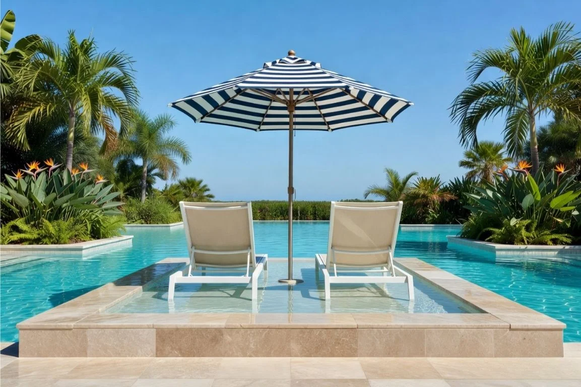 A luxury tanning ledge with two submerged lounge chairs and a small umbrella - pool design trends Tampa