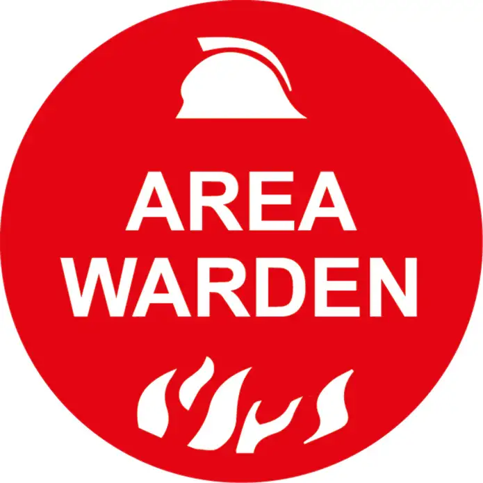 High-visibility red safety decal for helmets, identifying an Area Warden with clear white graphics and text for hardhat stickers.