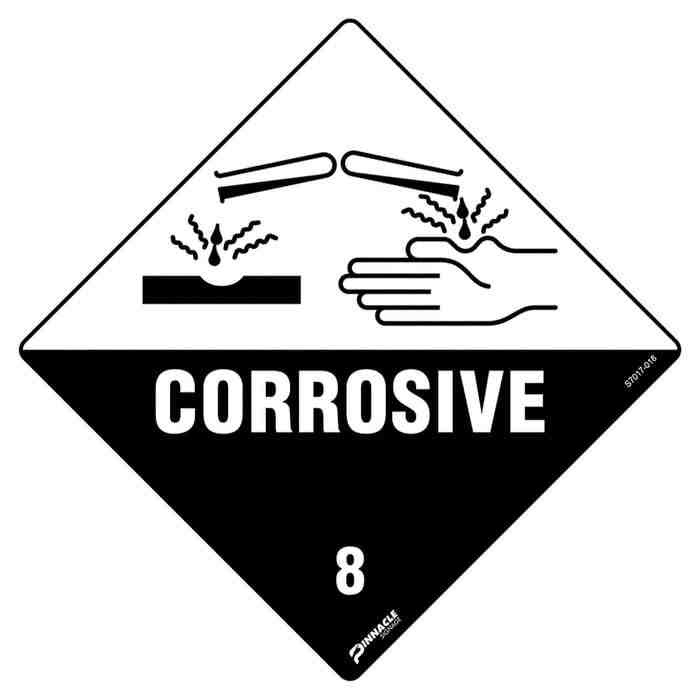 Corrosive 8 black and white diamond chemical signs for transport placards on vehicles carrying highly corrosive substances according to Australian law. Corrosive 8 black and white diamond chemical signs for transport placards on vehicles carrying highly corrosive substances according to Australian law.