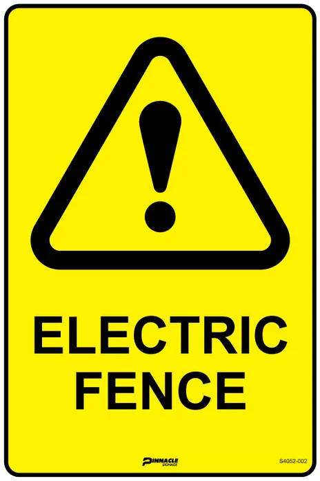 A bold, black-on-yellow "ELECTRIC FENCE" caution sign, providing critical signage solutions for perimeter security.