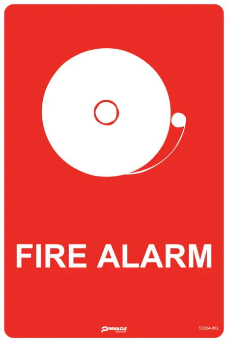 A red fire alarm pull station sign featuring a white graphic of a traditional alarm bell and bold white text.