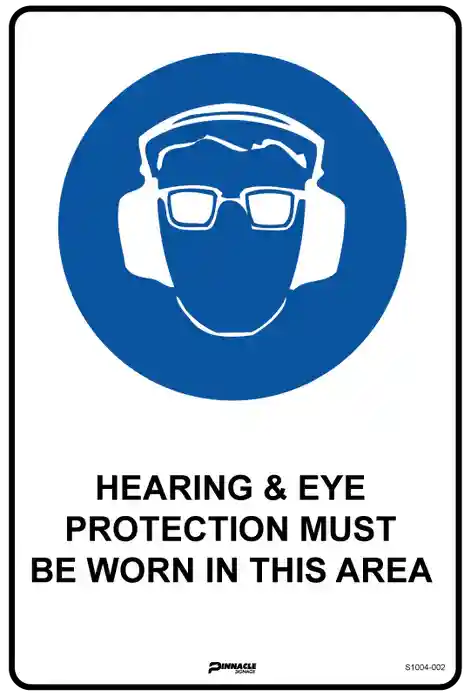 Example of what are mandatory signs showing a blue circular graphic of a worker wearing ear muffs and glasses for hazard control.