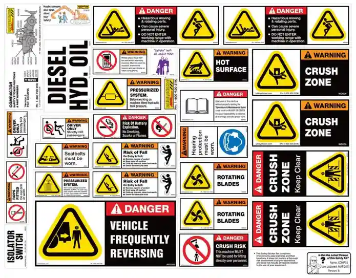 Diverse machinery sticker kit for compactor safety including warnings for crush zones rotating blades vehicle reversing and risk of fall.