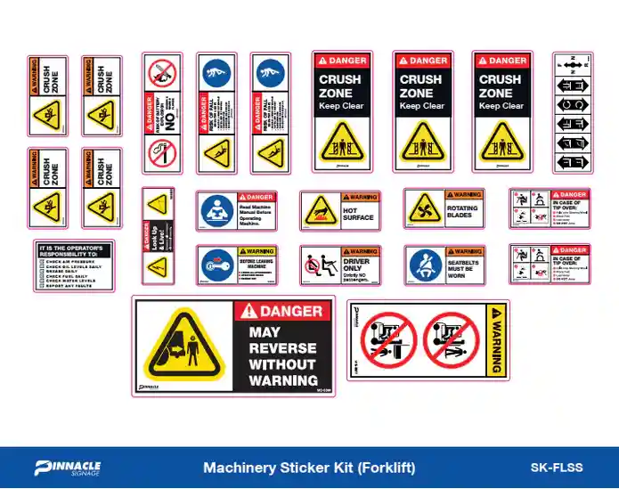 Detailed forklift machinery sticker kit with warnings for crush zone may reverse without warning hot surface and mandatory seatbelts.