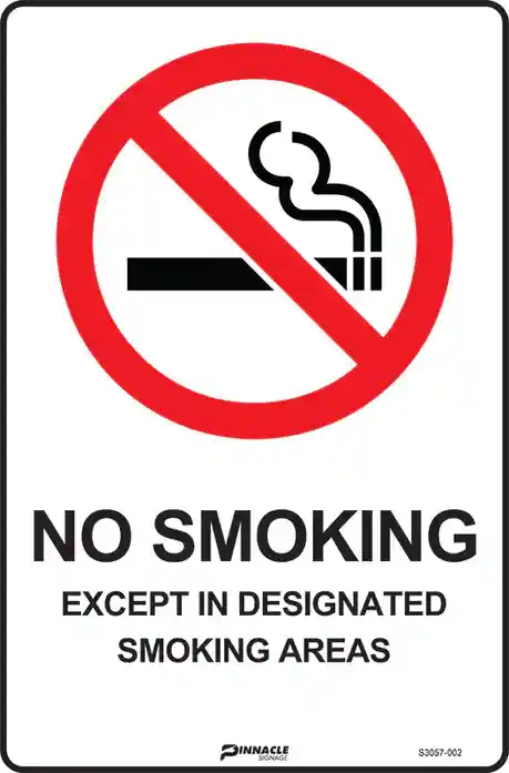 Safety sign indicating 'NO SMOKING EXCEPT IN DESIGNATED SMOKING AREAS,' a specific type of no smoking signs
