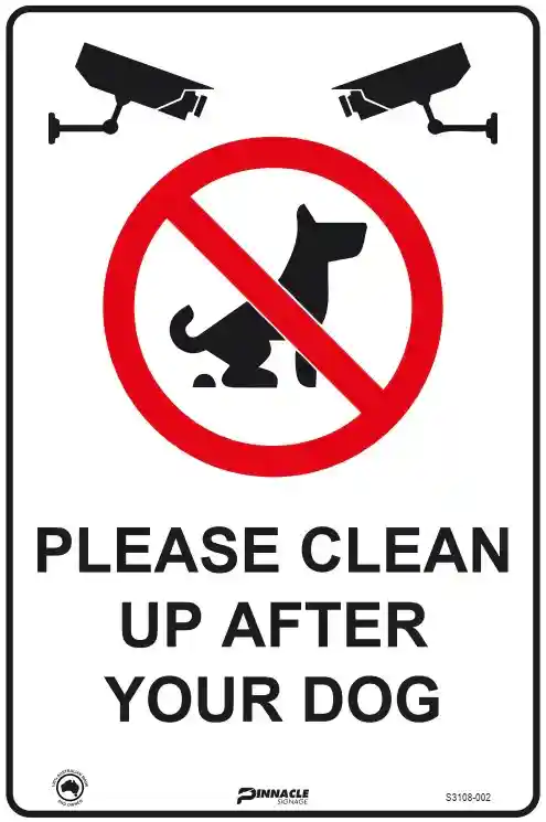 Compliance poster using the universal red circle and a warning about surveillance cameras on the 'please clean up after your dog sign'