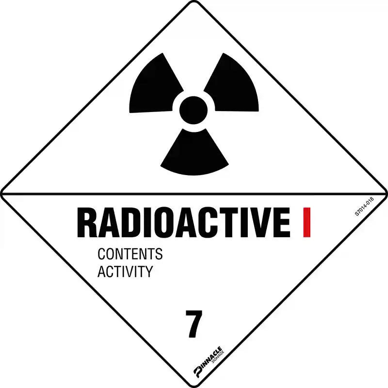 A clear, digital rendering of a diamond-shaped black and white hazard sign. The sign features a trefoil symbol, the text "RADIOACTIVE I" A clear, digital rendering of a diamond-shaped black and white hazard sign. The sign features a trefoil symbol, the text "RADIOACTIVE I"