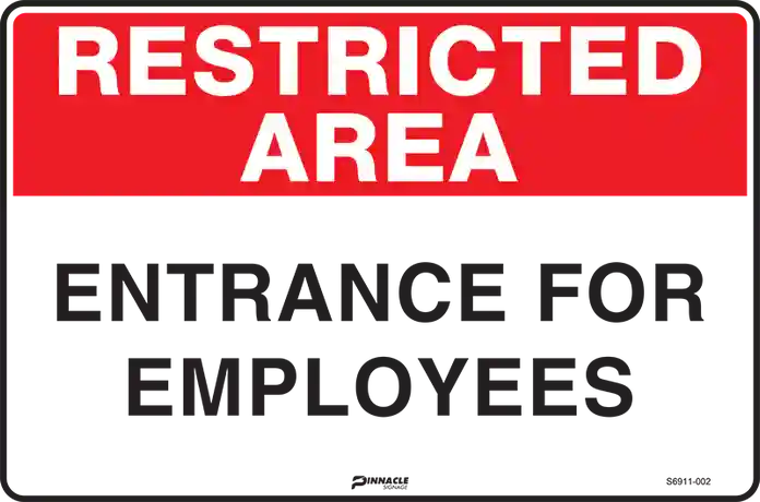 Bold, high-contrast sign warning of a "Restricted Area" and limiting entry to specific personnel; a common restricted access sign type.