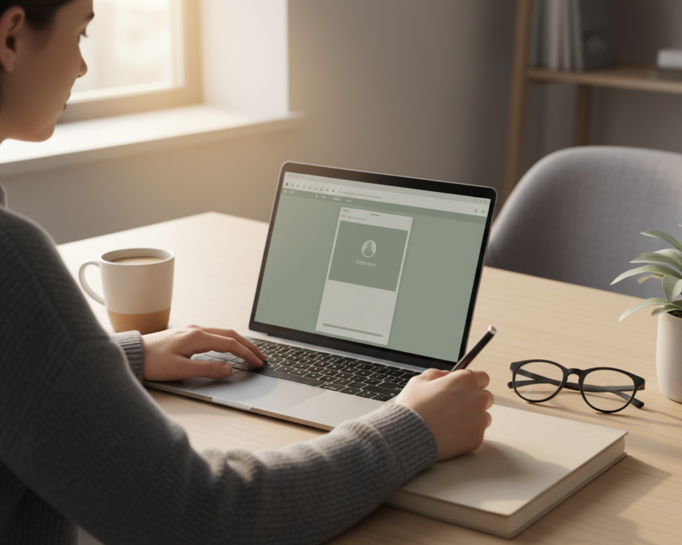 Copywriter using a laptop and jotting notes by hand, calm afternoon light across a wooden desk.
