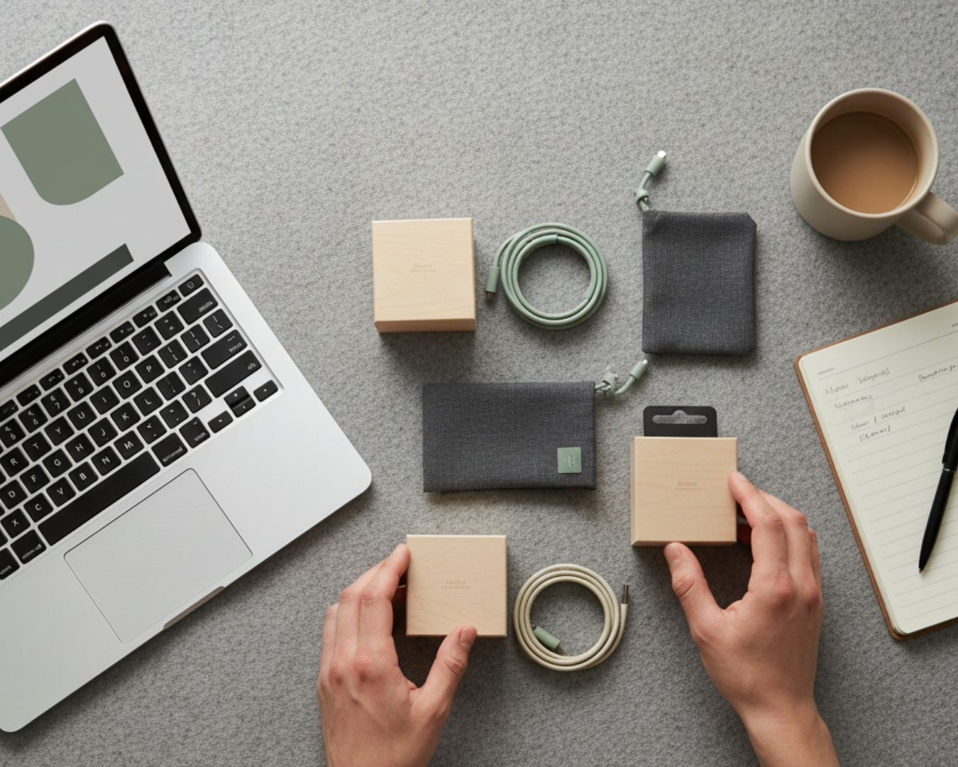 Marketer arranging tech accessories or packaging samples beside a laptop and notepad.
