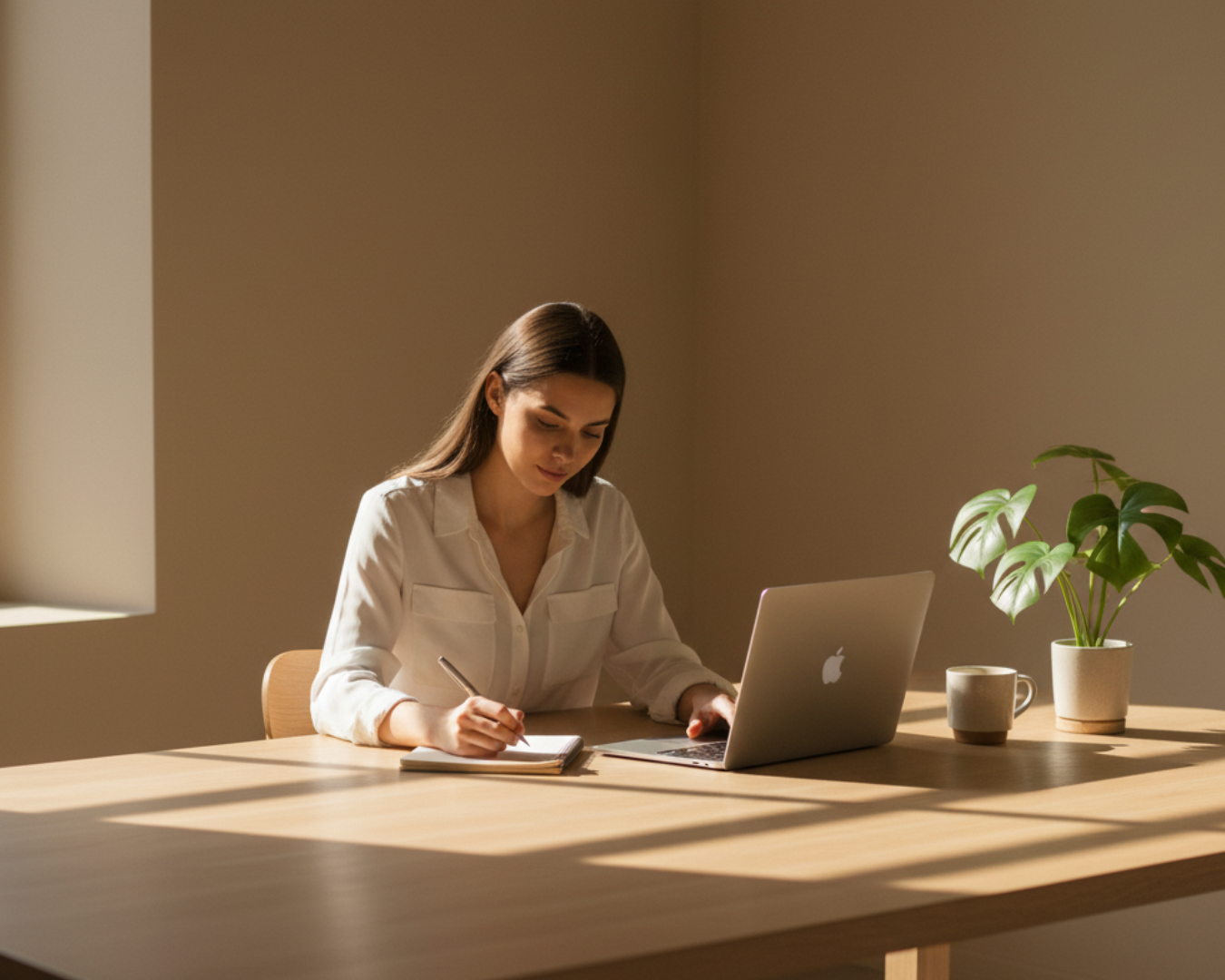 Marketer in a calm workspace writing notes beside an open laptop.