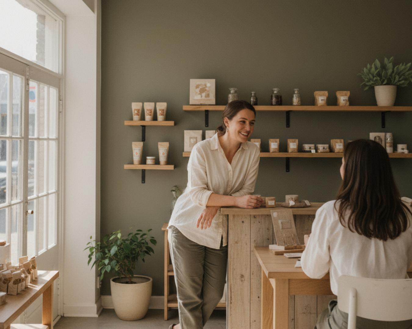 Marketer observing or chatting with a customer at their workspace (like a boutique or small studio), showing genuine interaction.
