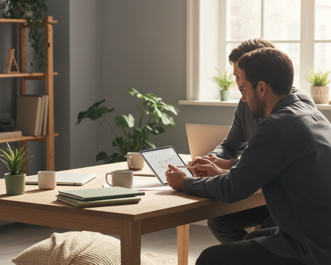 Two colleagues comparing ideas with a tablet and pen, relaxed workspace atmosphere.