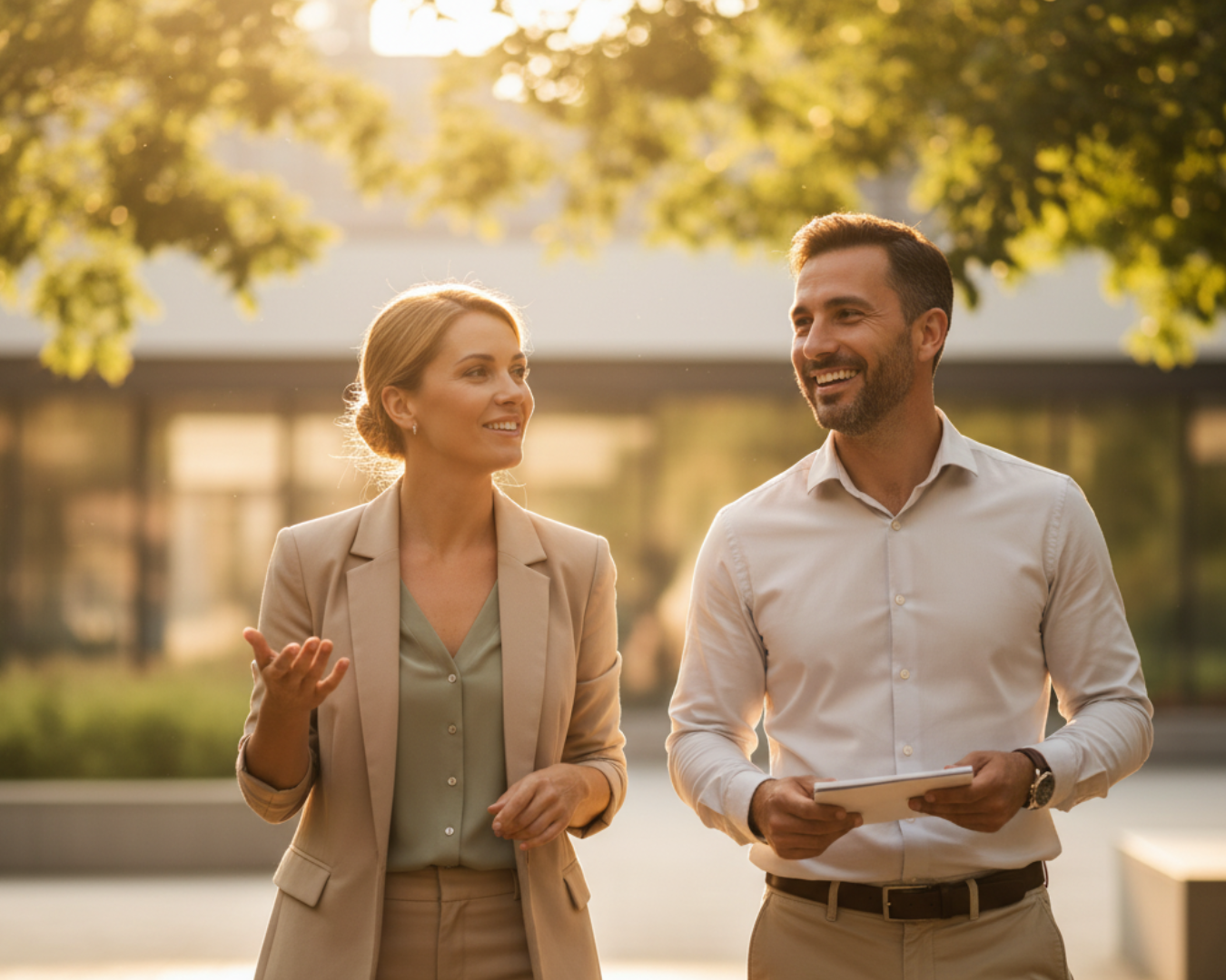 Two professionals walking from a meeting, relaxed smiles.