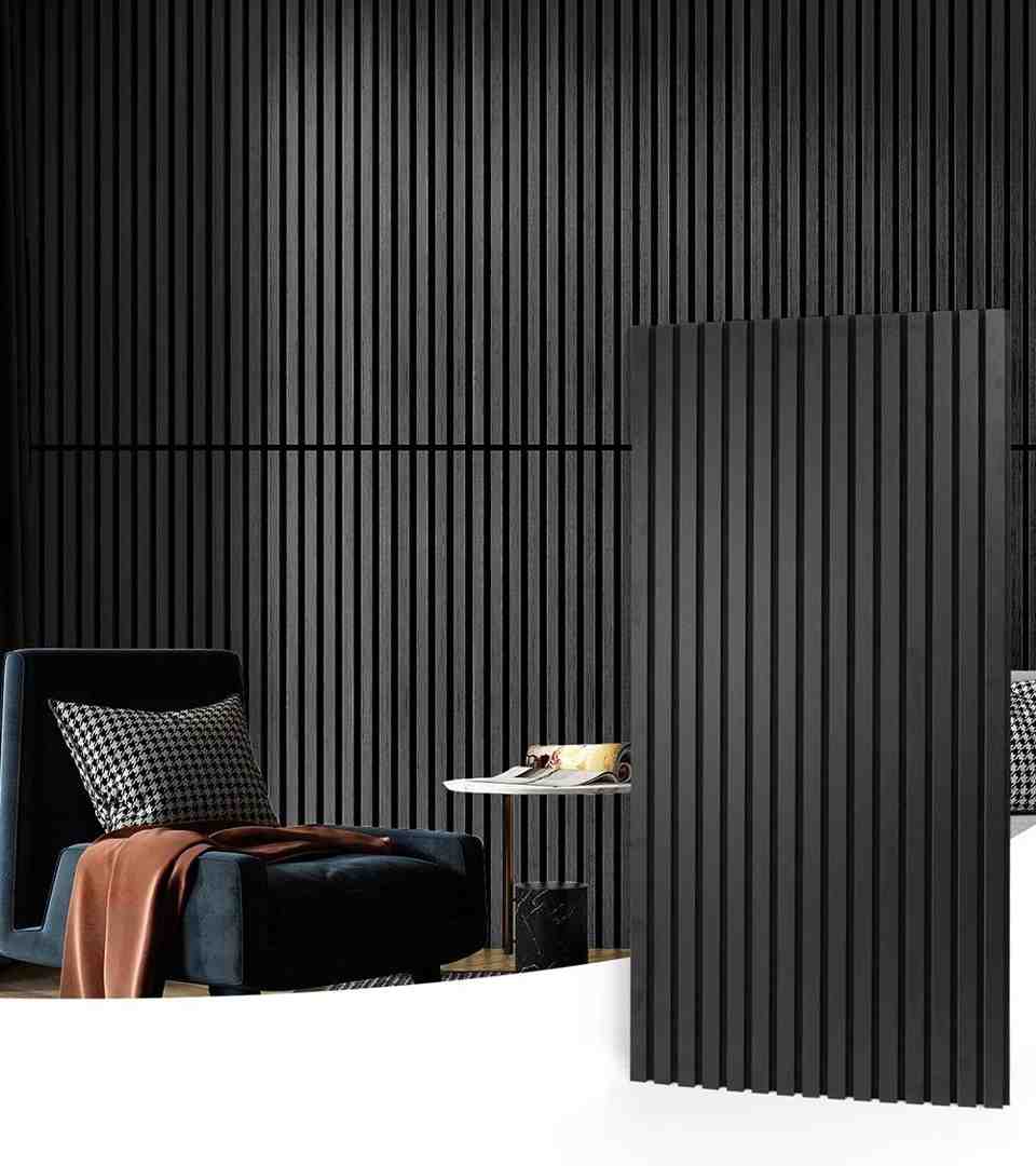 Dark charcoal acoustic panels for soundproofing used as a functional and aesthetic wall treatment.