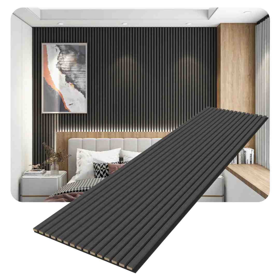 Close-up of a long vertical acoustic panels for soundproofing sheet, highlighting the wood slat texture.