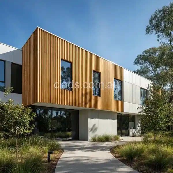 Modern commercial building facade featuring striking vertical wood look aluminium cladding contrasting with light grey render and glass.