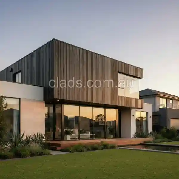 Modern Australian home exterior at dusk, featuring durable, termite-resistant dark vertical ribbed wall panels wpc on the upper storey for long-lasting performance