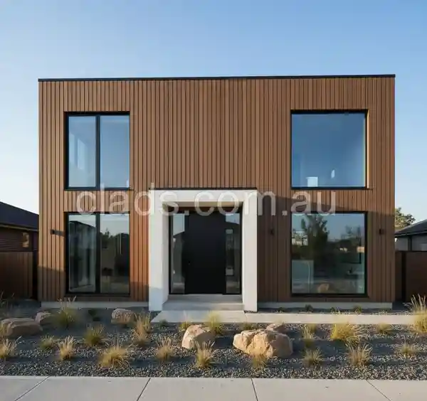 Modern, two-storey residence showcasing vertical timber-look cladding. These stylish, low-maintenance external wall finishes elevate the home's curb appeal.