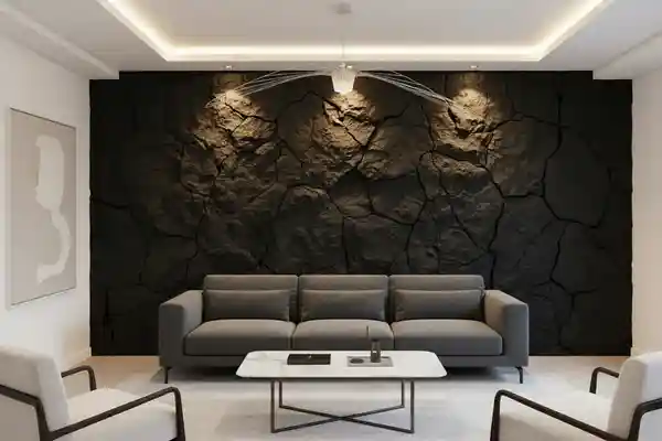 Dramatic modern lounge room with a textured, rugged black stone wall panels interior feature, illuminated by overhead lighting for visual impact