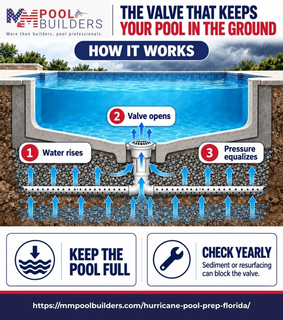 Diagram of a pool hydrostatic relief valve, explaining how it prevents groundwater pressure from lifting the pool shell.