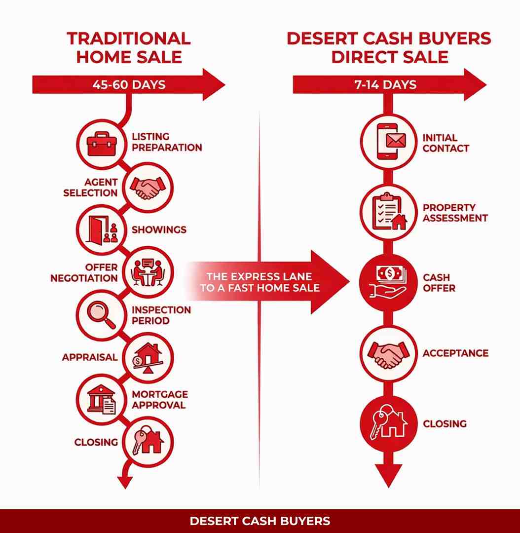 Infographic comparing traditional home sale steps versus a direct cash buyer path, showing how sellers can complete a faster, simpler quick home sale process with fewer delays
