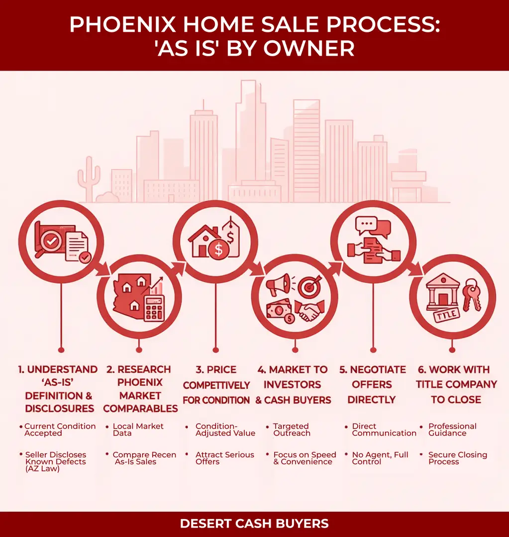 Infographic showing steps on how to sell a home as is by owner in Phoenix from pricing to closing process