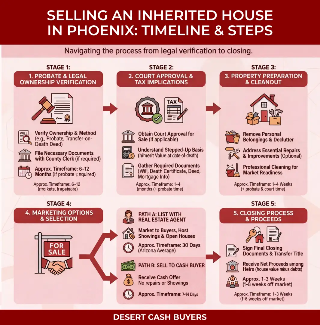Infographic outlining legal, probate, cleanup, marketing, and closing steps to sell inherited house in Phoenix