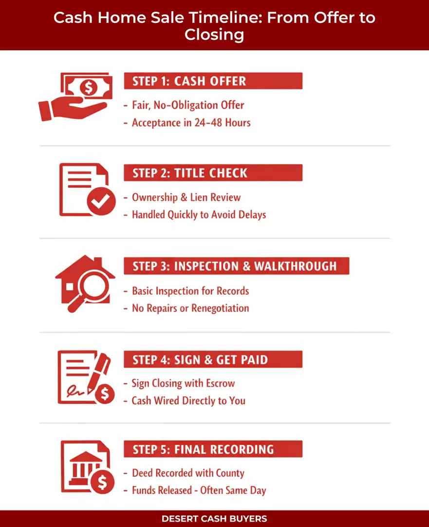 Infographic showing cash offer for house timeline from offer and title check to closing and final recording