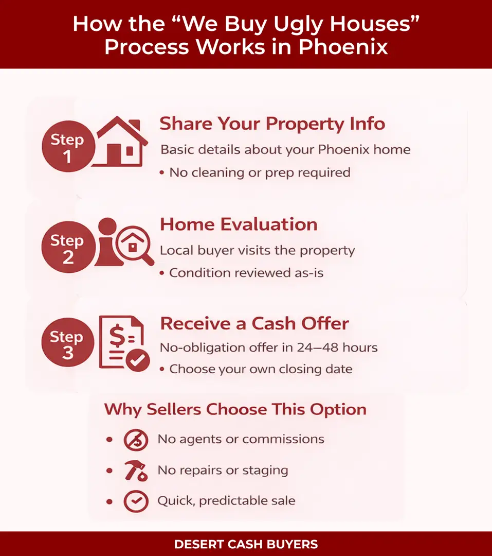 We Buy Ugly Houses Phoenix Process Infographic explaining we buy ugly houses Phoenix process from property info to cash offer in 24 to 48 hours
