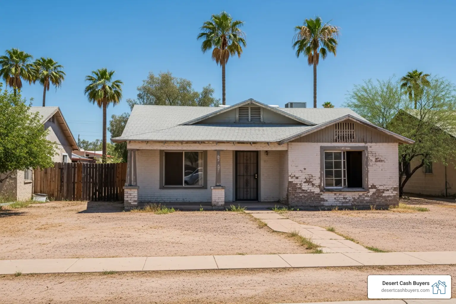 Ugly House for Sale in Phoenix Worn single story Phoenix home with peeling paint and dry yard typical of we buy ugly houses Phoenix properties