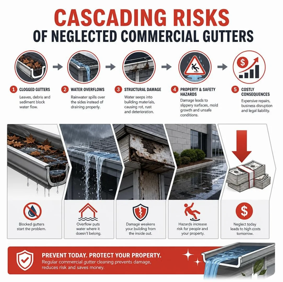 Cascading risks of neglected commercial gutters infographic infographic