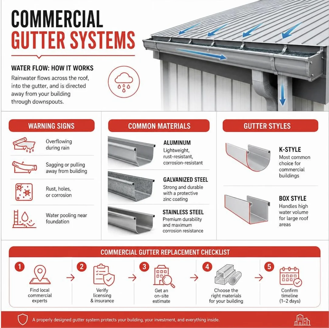 Infographic showing commercial gutter water flow, warning signs, materials, and replacement checklist infographic Infographic showing commercial gutter water flow, warning signs, materials, and replacement checklist infographic