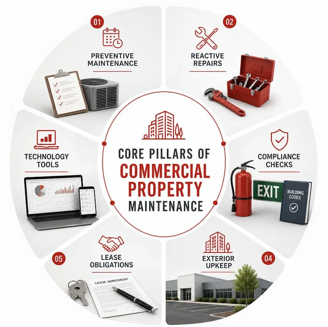 Core pillars of commercial property maintenance: preventive, reactive, compliance, exterior, technology, and leasing Core pillars of commercial property maintenance: preventive, reactive, compliance, exterior, technology, and leasing