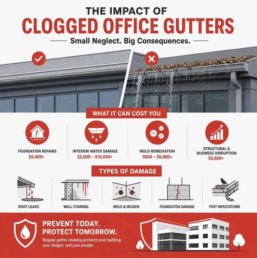 Infographic showing impact of clogged office gutters on commercial properties including costs and damage types infographic