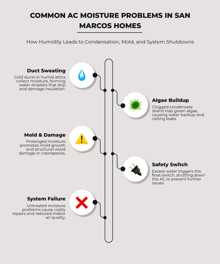 user-inserted infographic illustrating common air conditioning moisture problems in a home attic and crawlspace