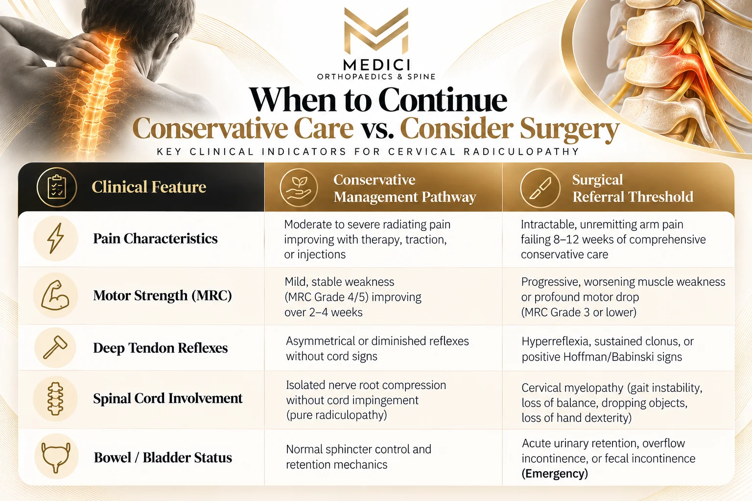 Conservative care options for cervical radiculopathy without surgery.