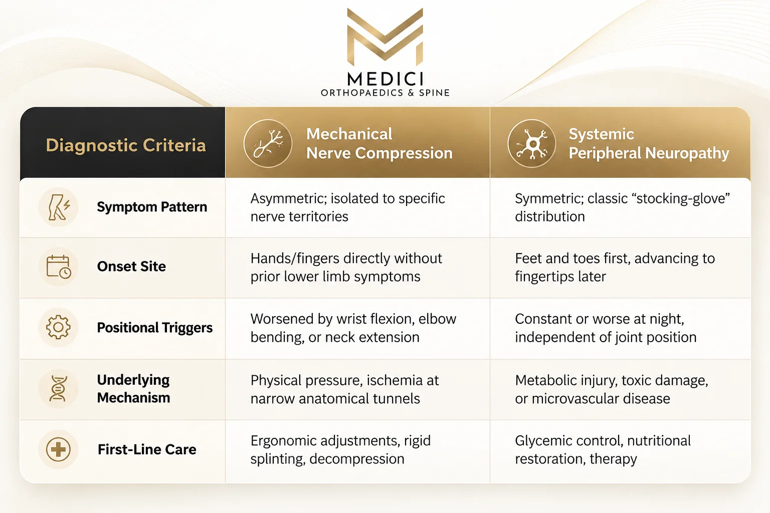 Medici nerve compression infographic showing causes of end of finger numb.