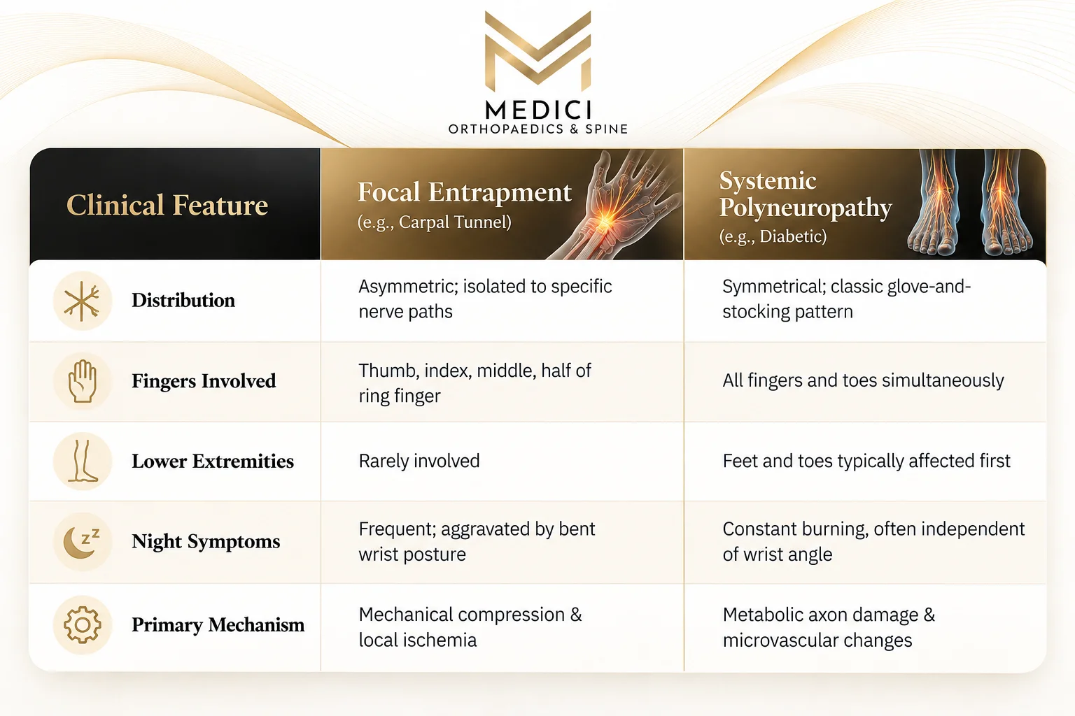 user-inserted Infographic detailing common causes of nerve pain in hands, including compression and systemic damage.