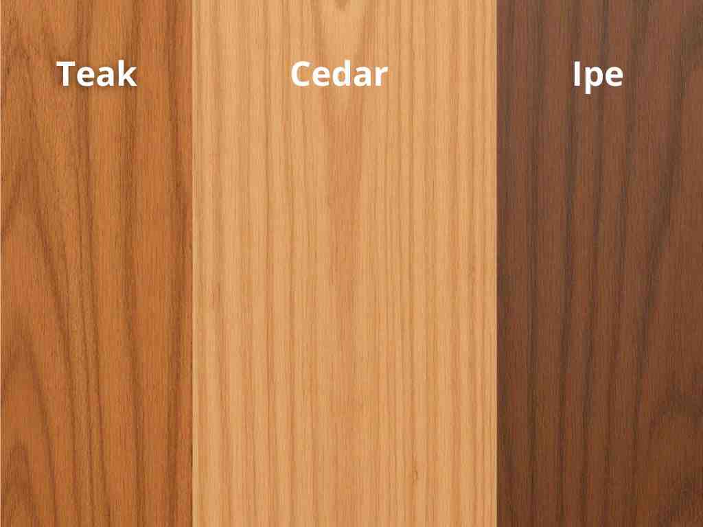 Different wood grains: teak, cedar, and ipe - outdoor wood furniture maintenance