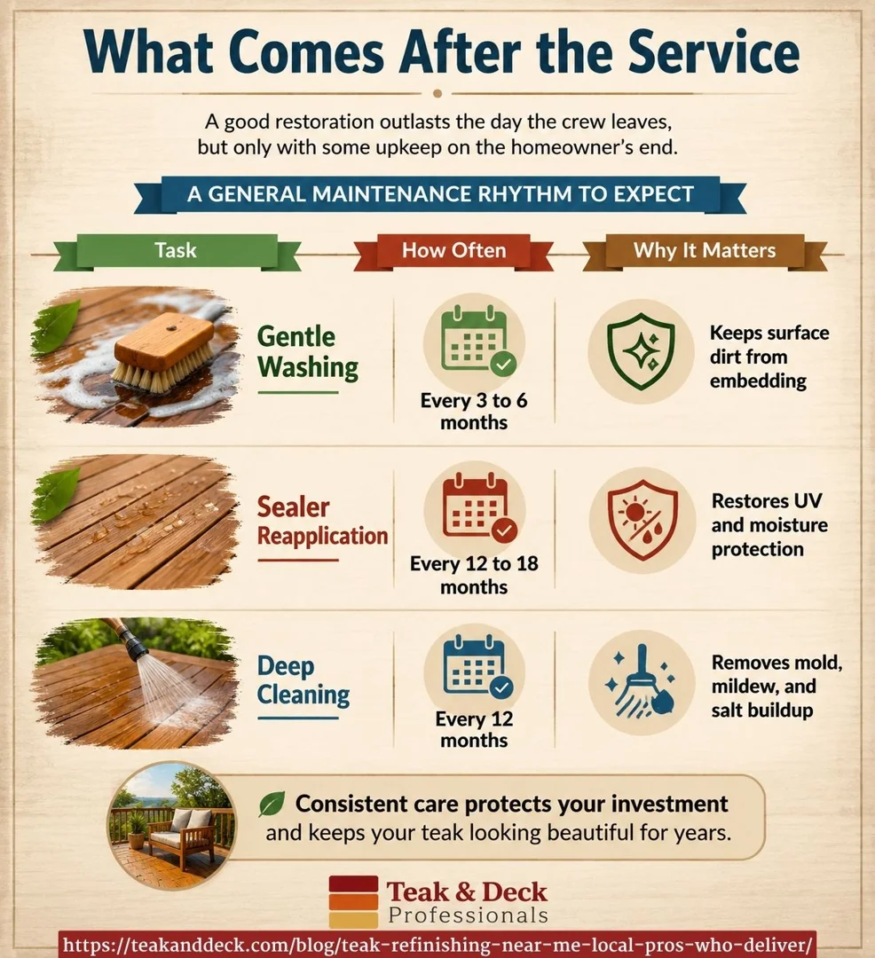 Teak furniture after professional refinishing service and maintenance.